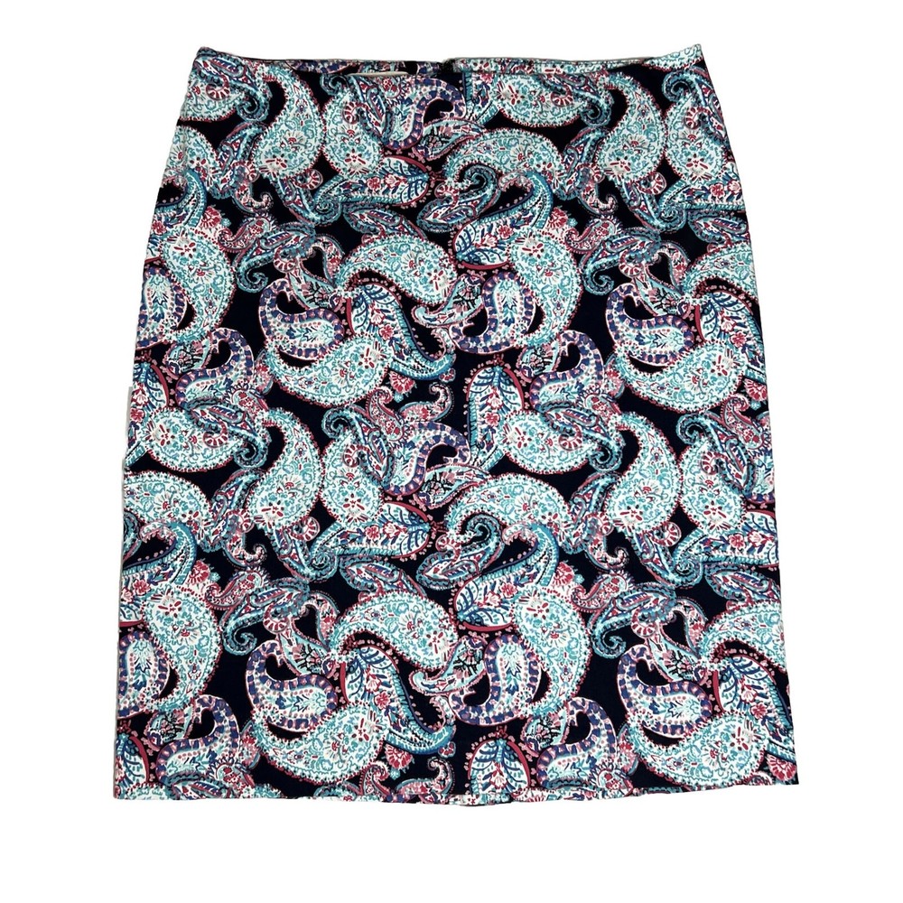Talbots Skirt Women's 14 Pencil Blue Paisley Allover Print Stretch Cotton